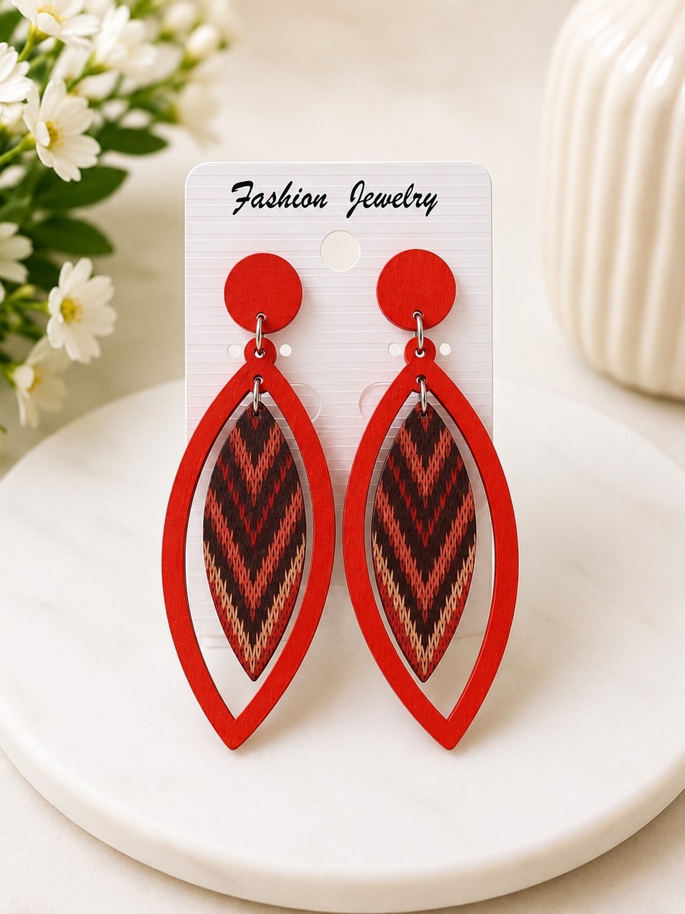 Fashion Jewelry Red Layered Chevron Teardrop Earrings